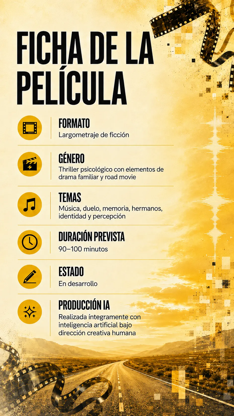 Ficha de la película: largometraje de ficción, thriller psicológico, 90–100 minutos, realizada con IA